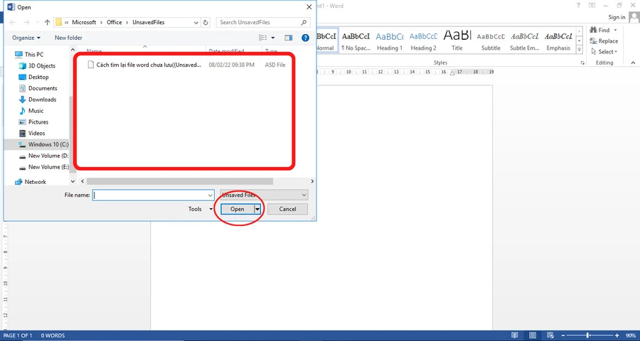 Hộp thoại khôi phục file Word chưa lưu, chọn file và nhấn Open