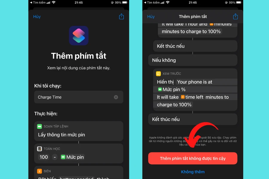 Thêm phím tắt Charge Time không tin cậy vào ứng dụng Phím tắt iPhone