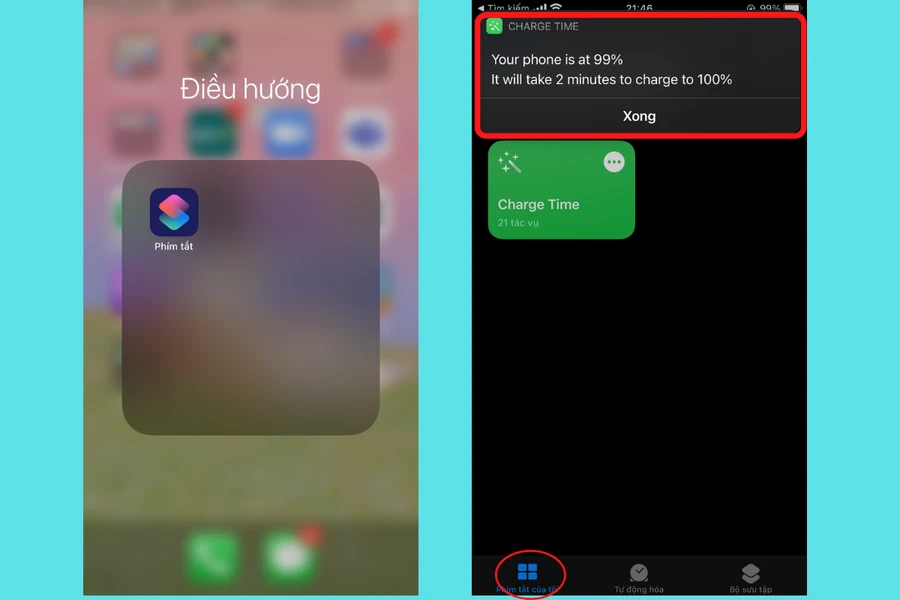 iPhone hiển thị thời gian sạc đầy pin trong ứng dụng Phím tắt