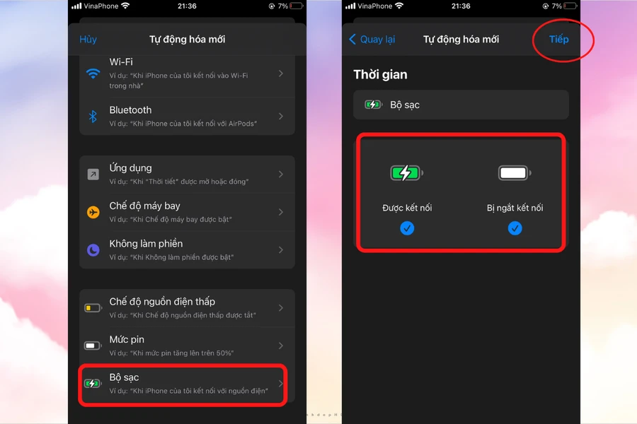 Ảnh minh họa tùy chọn "Bộ sạc" để thay đổi hình nền iPhone tự động.