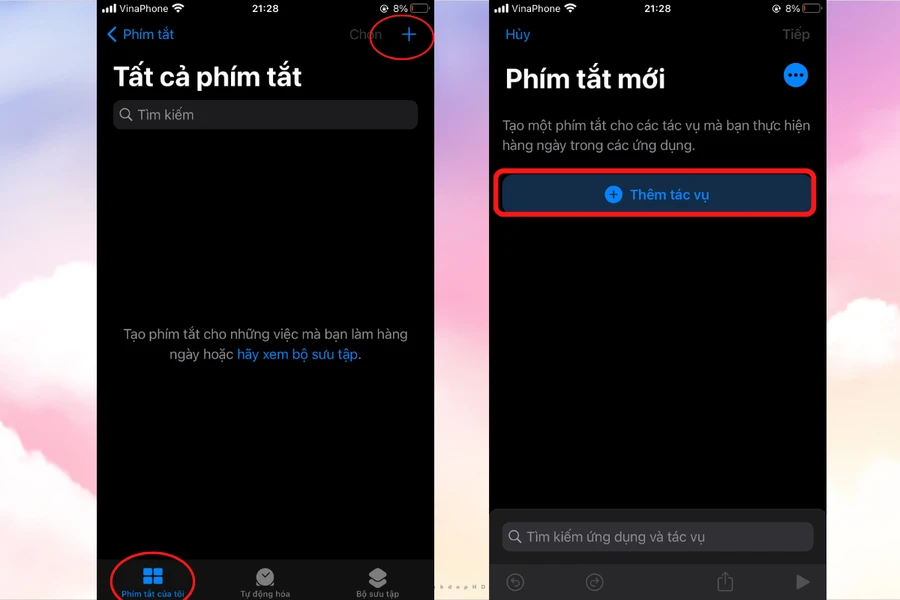 Thêm phím tắt mới trên iPhone, nhấn dấu cộng và chọn "Thêm tác vụ"