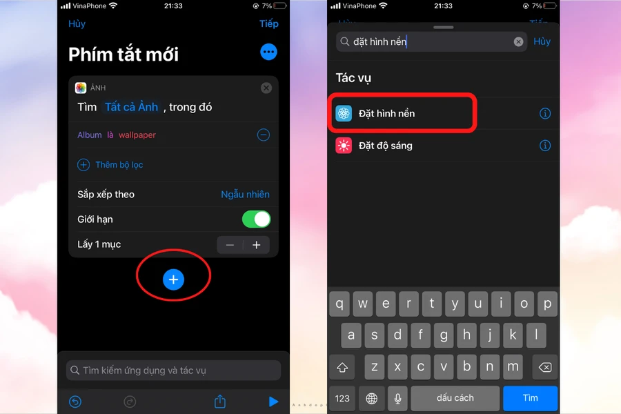 iPhone tự động thay hình nền: Nhấn dấu cộng, tìm kiếm "Đặt hình nền", chọn thêm tác vụ.
