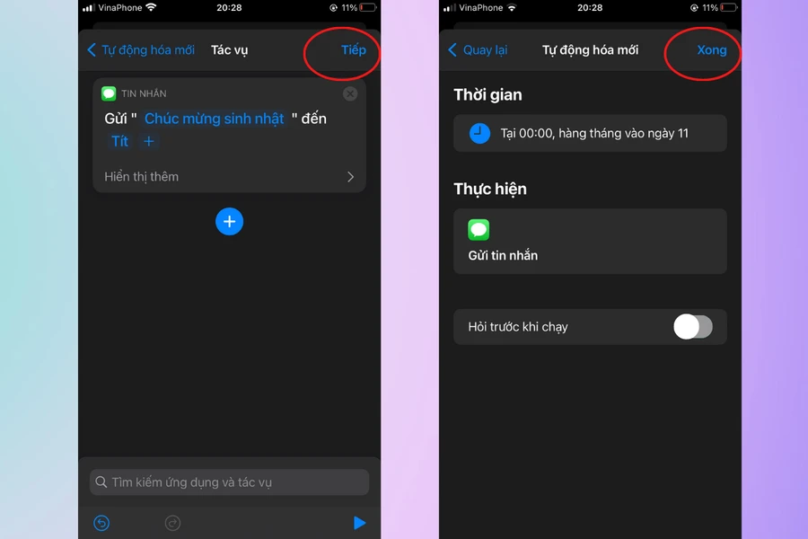 iPhone hiển thị giao diện cài đặt hẹn giờ gửi tin nhắn
