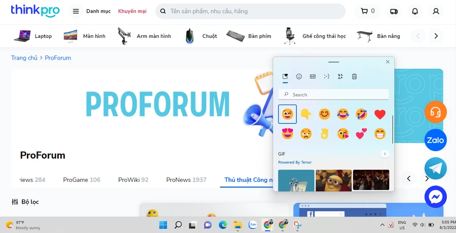 Giao diện tính năng Clipboard trên Windows 11 với các tùy chọn emoji và GIF