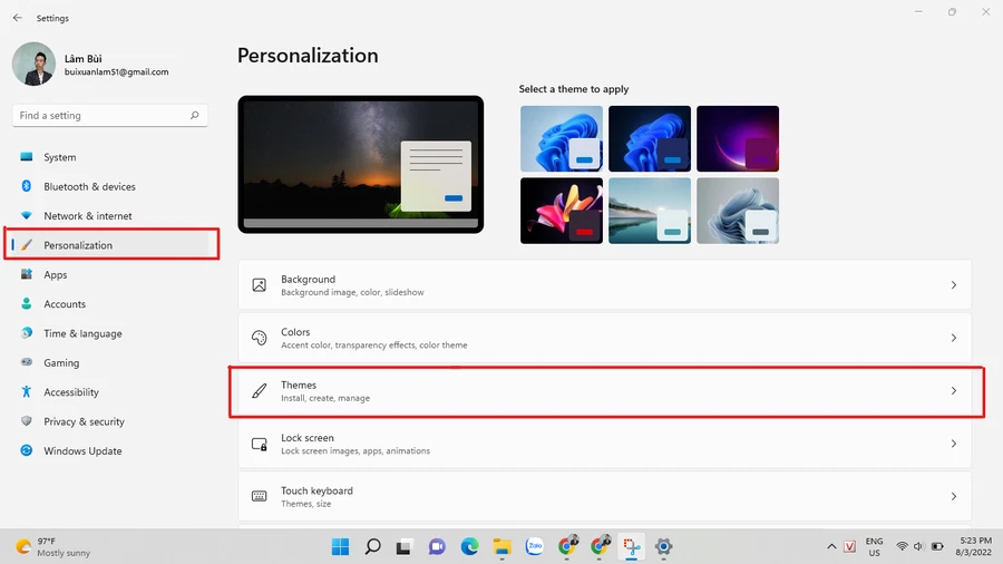 Giao diện cài đặt chủ đề trên Windows 11