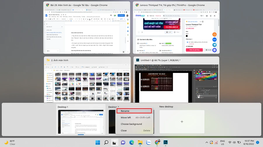 Màn hình ảo Windows 11 hiển thị tùy chọn đổi tên