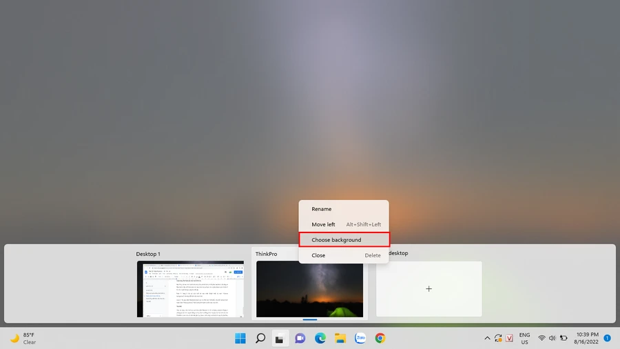 Cửa sổ màn hình ảo Windows 11, chọn "Choose background" để thay đổi hình nền
