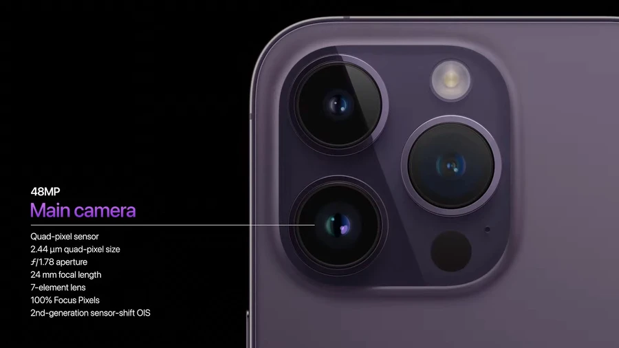 iPhone 14 Pro với camera chính 48MP, cảm biến lớn, chụp đêm xuất sắc.