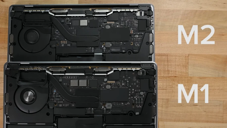 So sánh SSD MacBook Air M1 và M2, M2 có khe trống NAND.