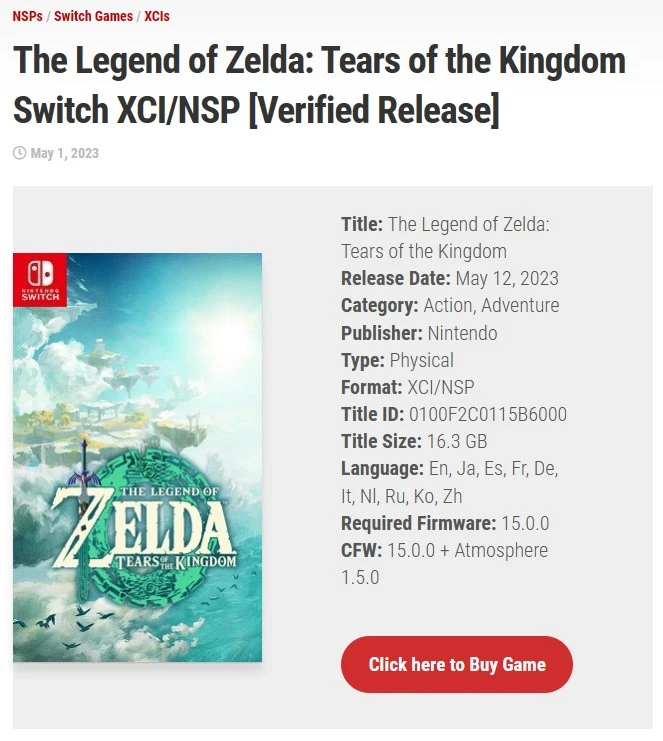 Định dạng NSP/XCI của Tears of the Kingdom đã được đăng tải