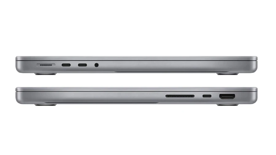 MacBook Pro 14-inch màu xám với nhiều cổng kết nối hơn MacBook Air 15-inch.