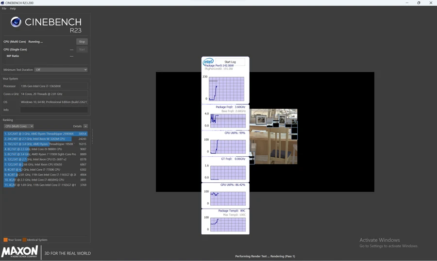 Kết quả test Cinebench R23: CPU Core i7-13650HX đạt 140W, nhiệt độ 90 độ C.