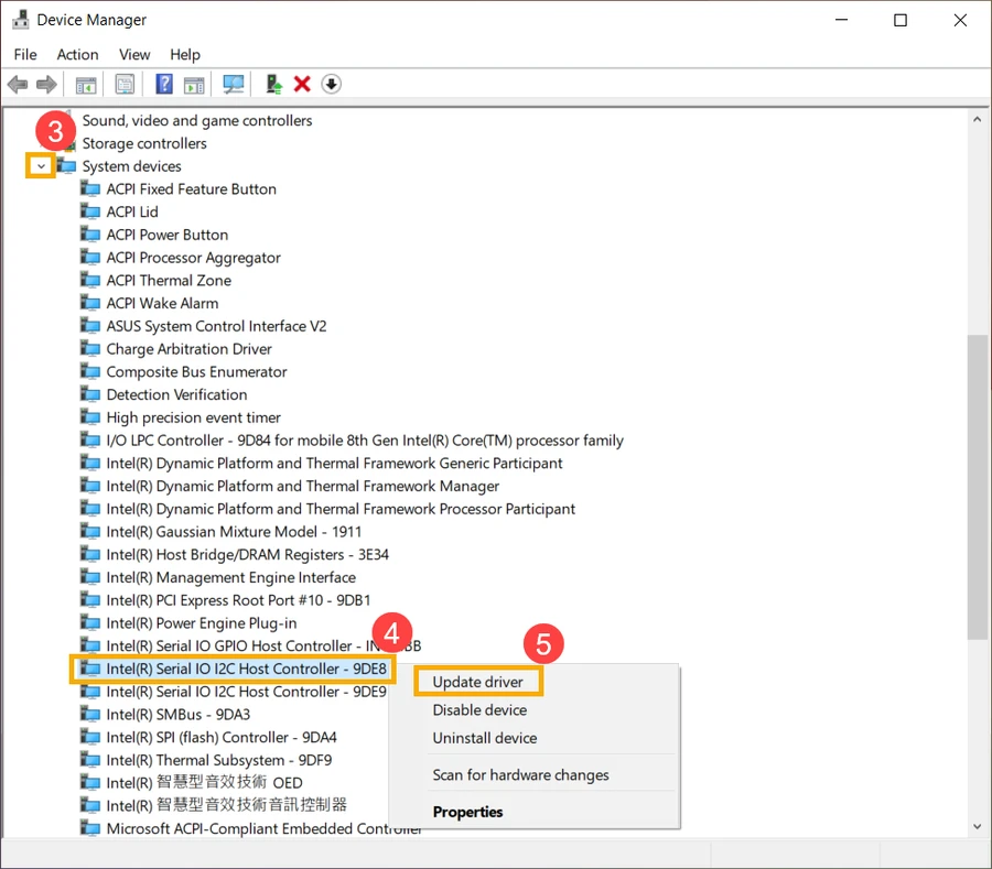 Chọn Intel(R) Serial IO I2C Host Controller và update
