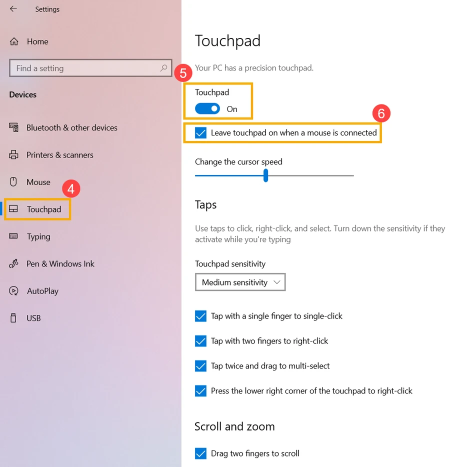 Bật tính năng Touchpad